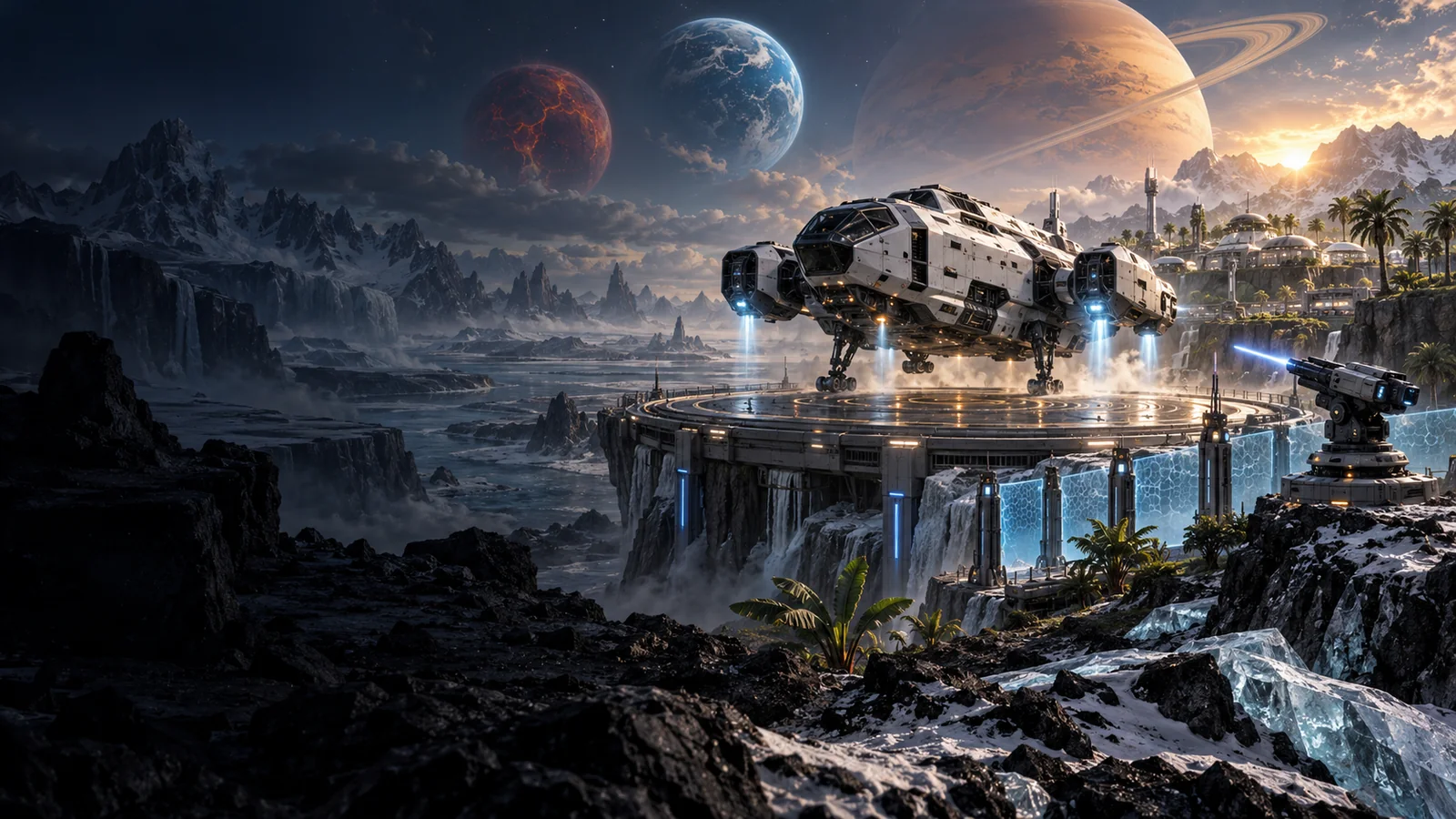 Una nave desciende sobre una colonia entre montañas y planetas; ilustración de Caveman City III